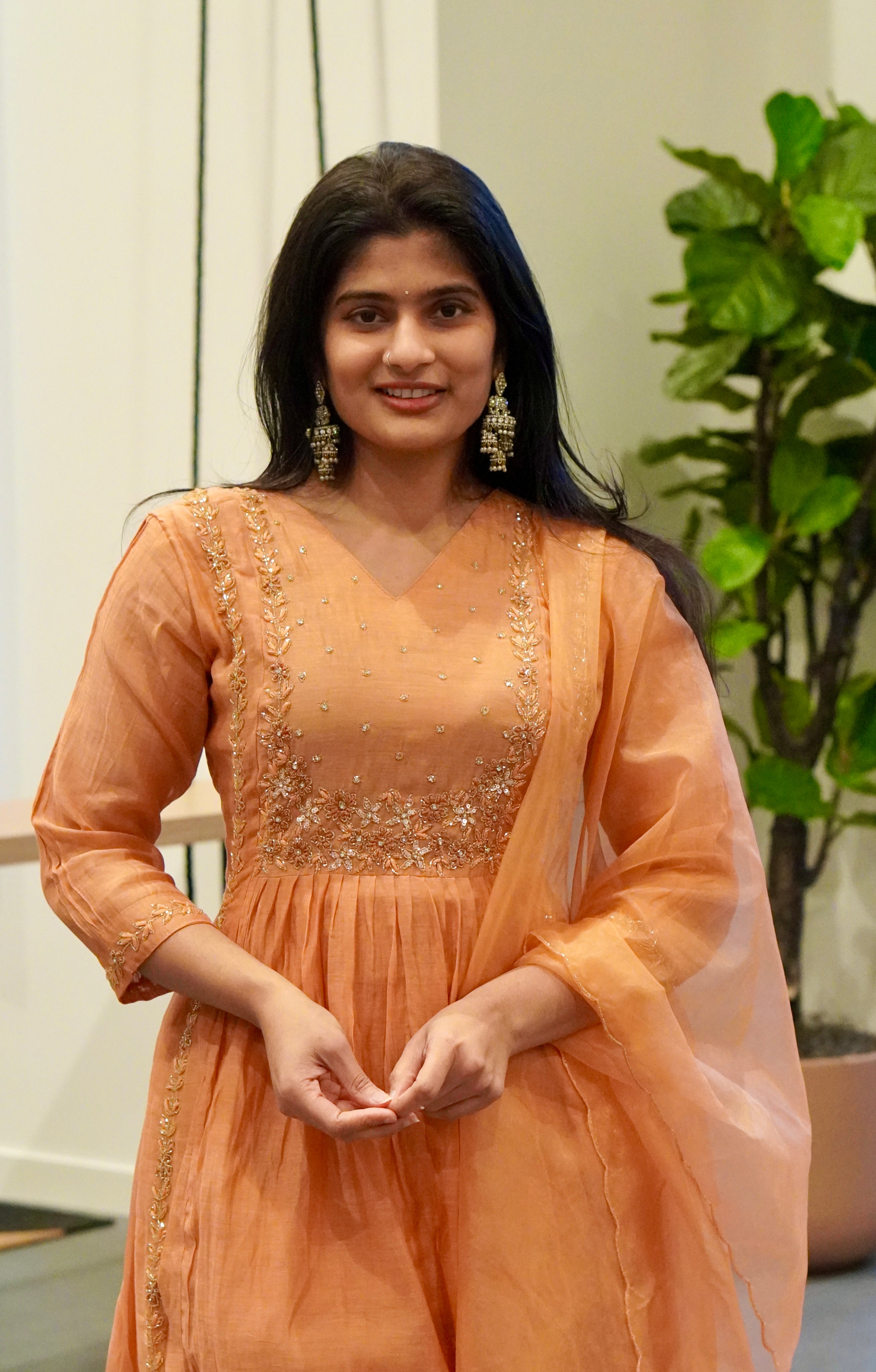 Peach/Lime Green Embroidered Kurta Set