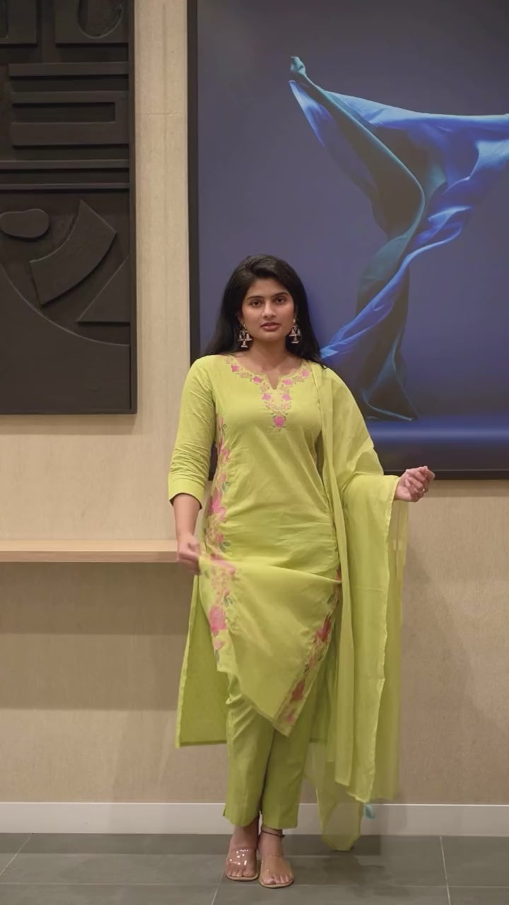 Lime green Embroidered Kurta Set