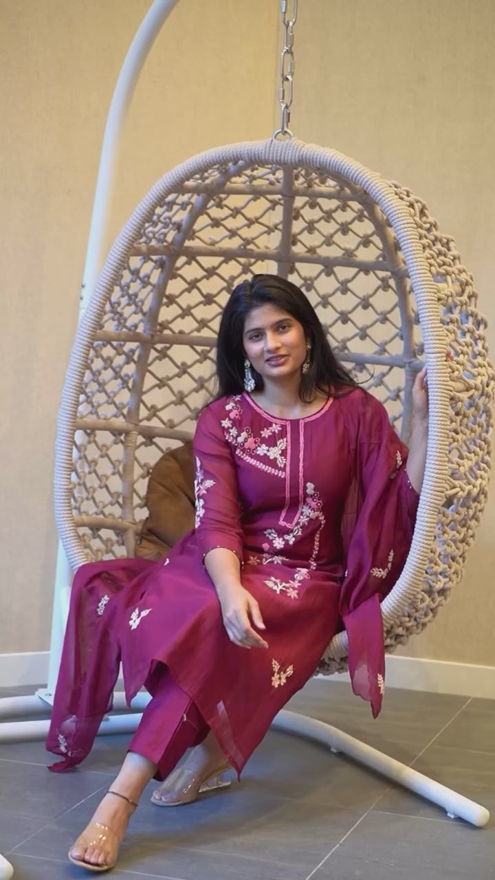 Wine Color Embroidered Kurta Set