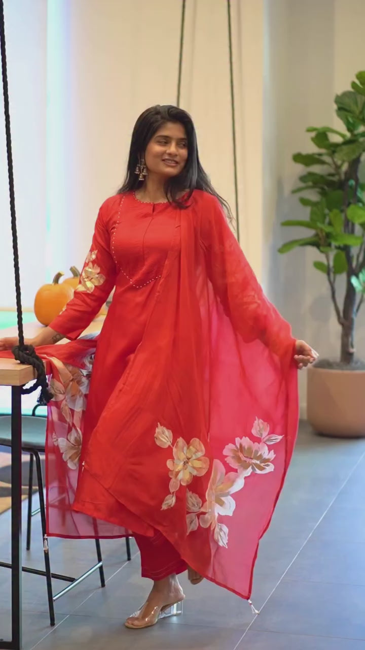 Red Silk Embroidered Kurta Set