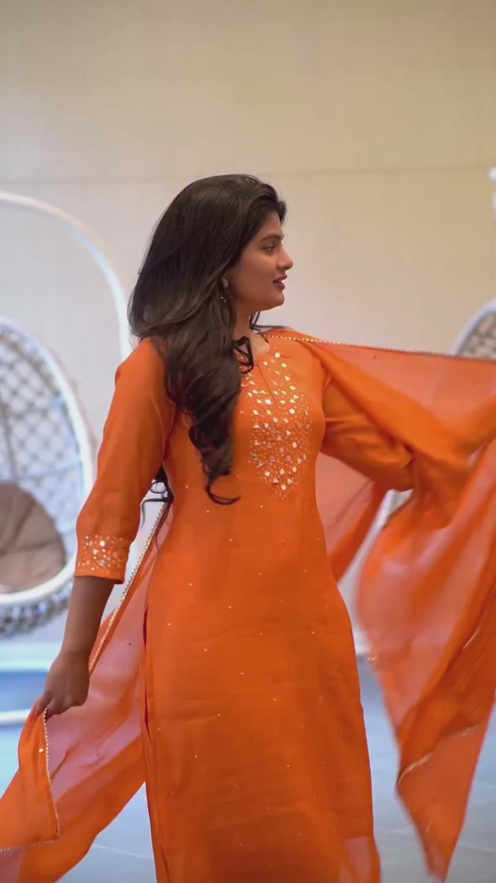Orange  Embroidered Kurta Set