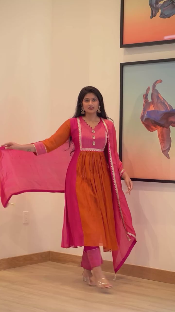 Rust Orange and Pink Embroidered Kurta Set