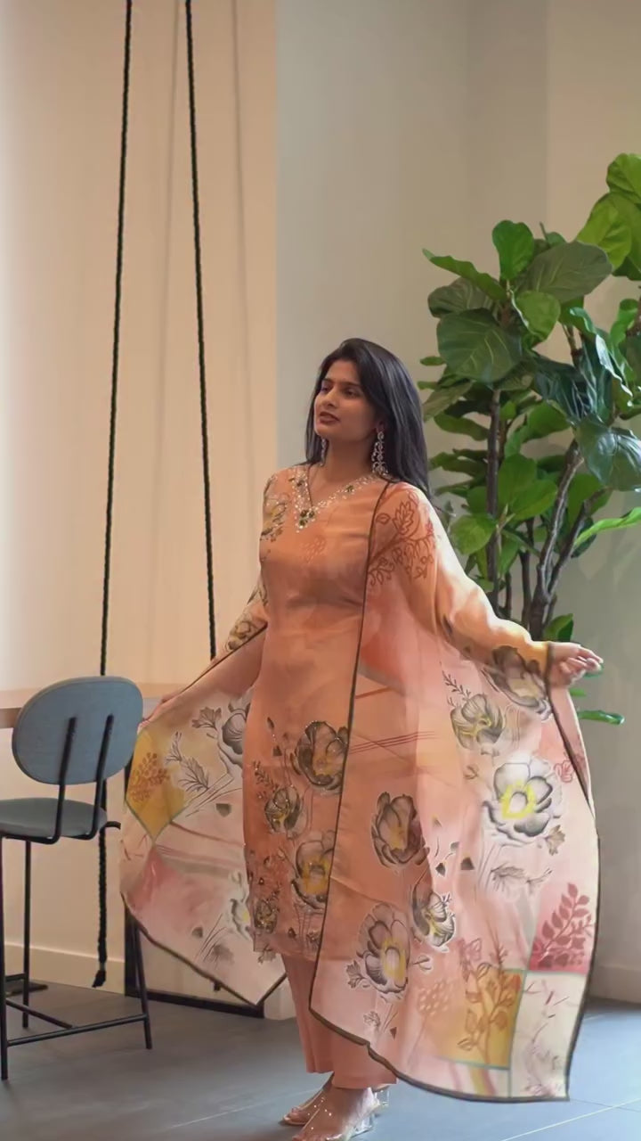 Peach Viscose Tissue Kurta Set