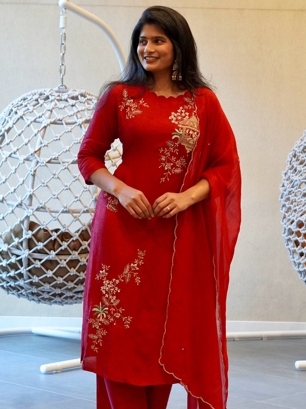 Red Embroidered Kurta Set