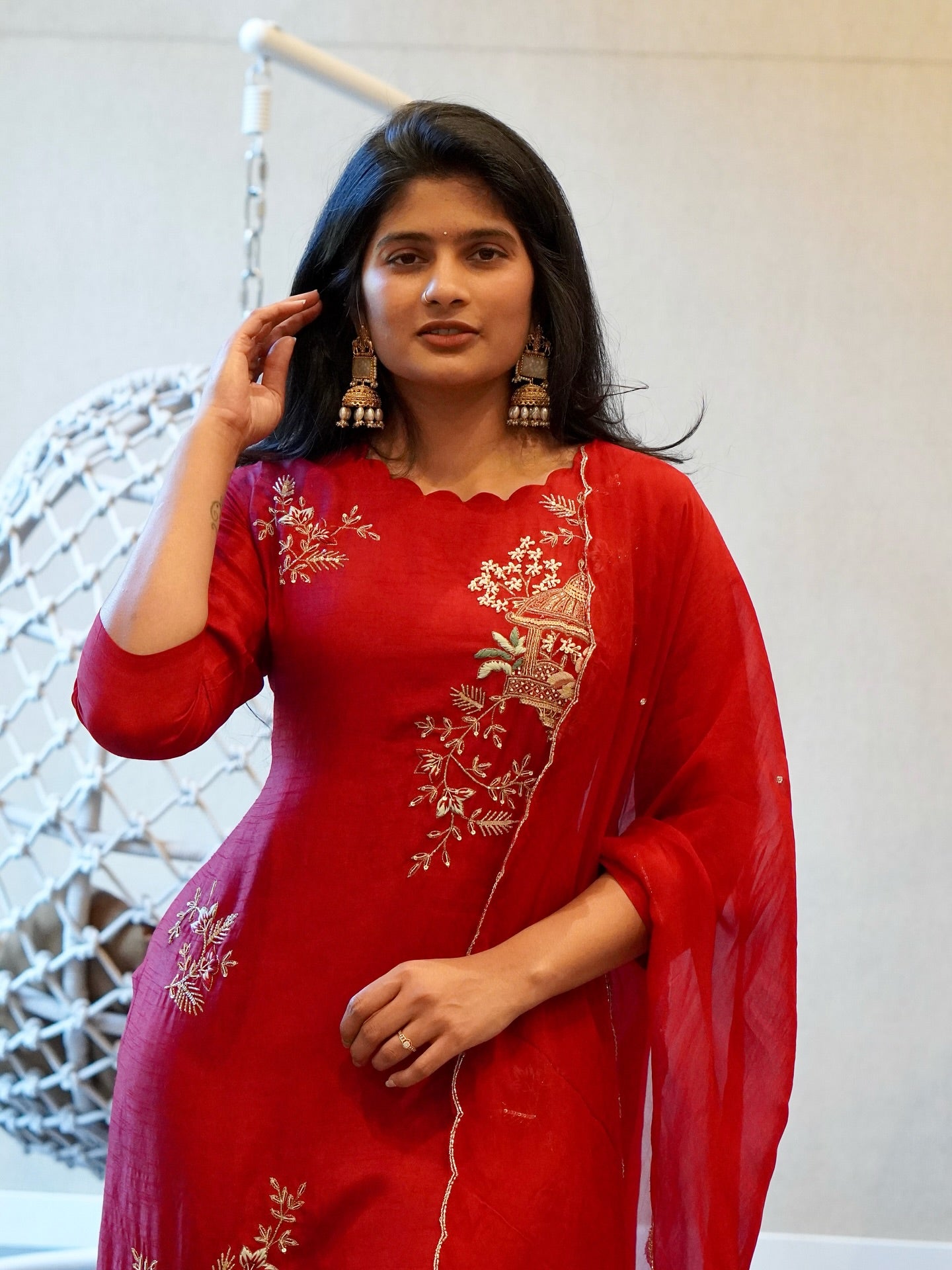 Red Embroidered Kurta Set
