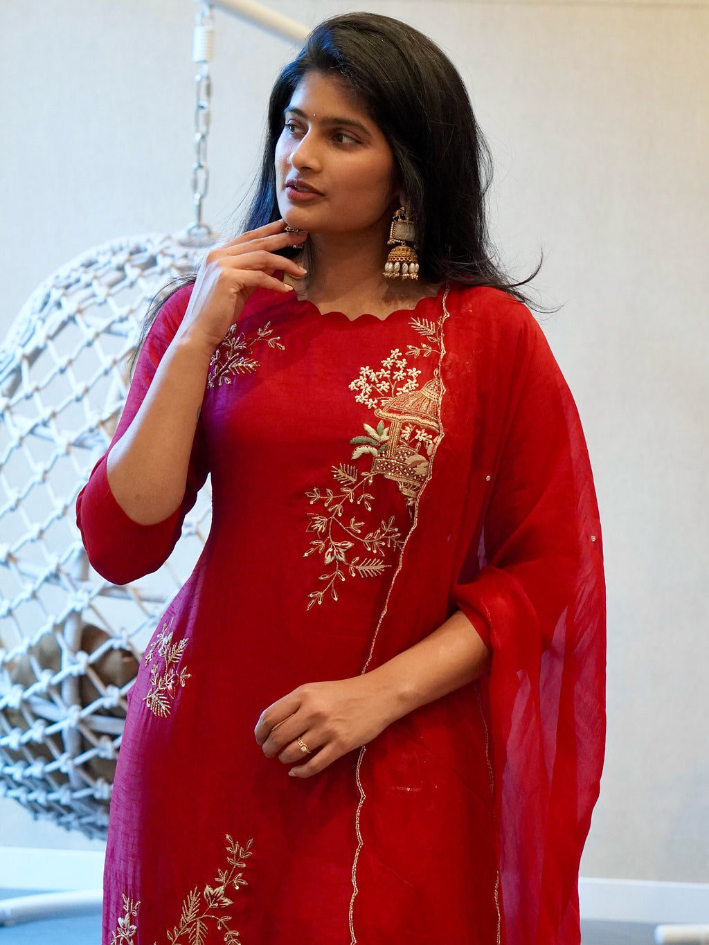 Red Embroidered Kurta Set