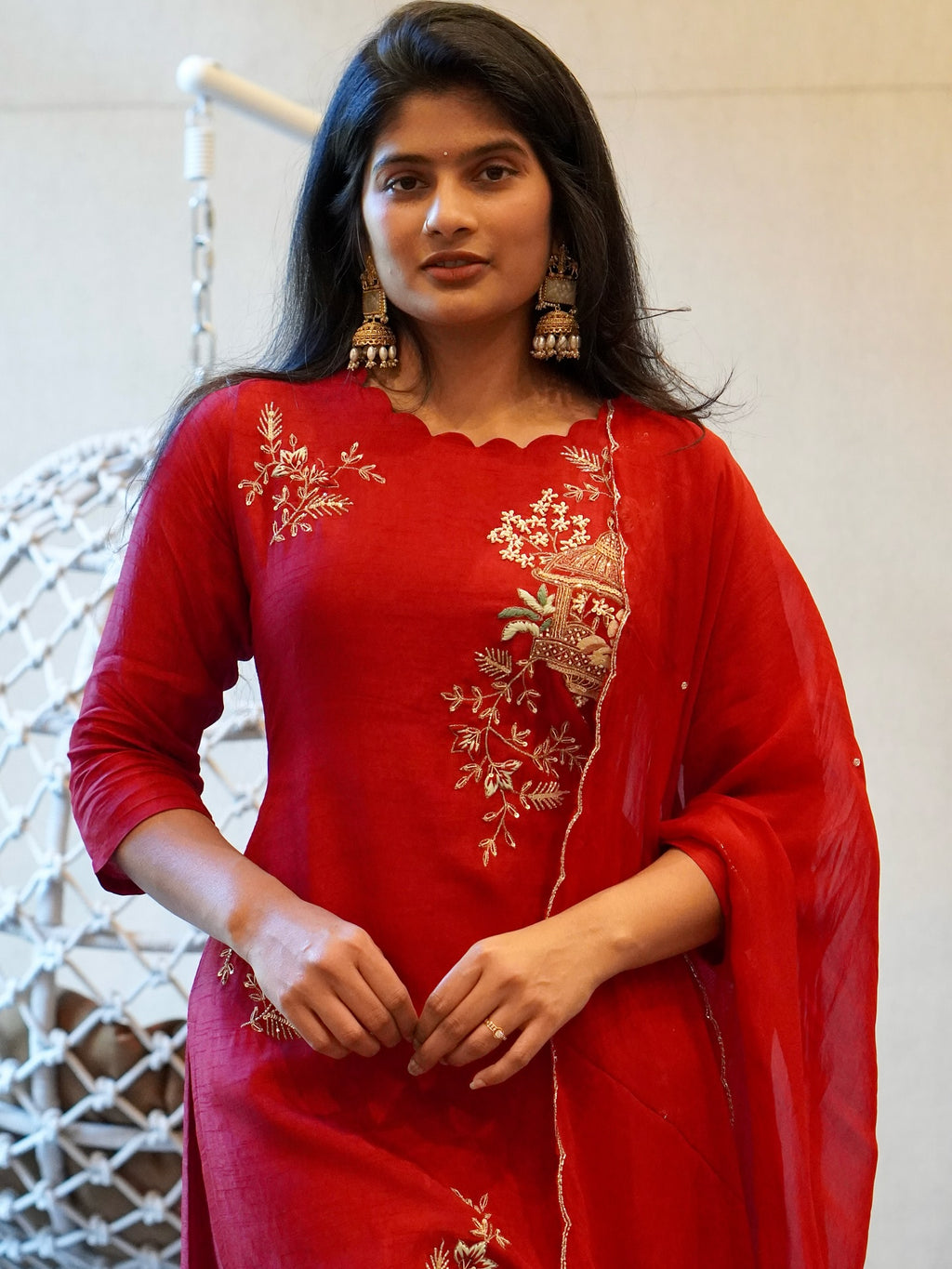 Red Embroidered Kurta Set