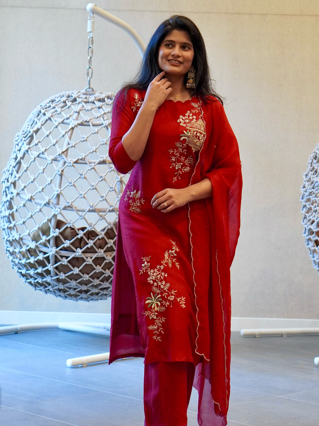 Red Embroidered Kurta Set