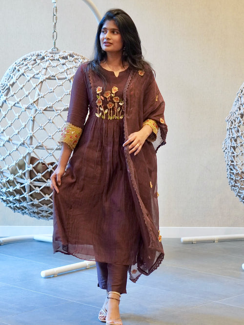 Brown Embroidered Kurta Set