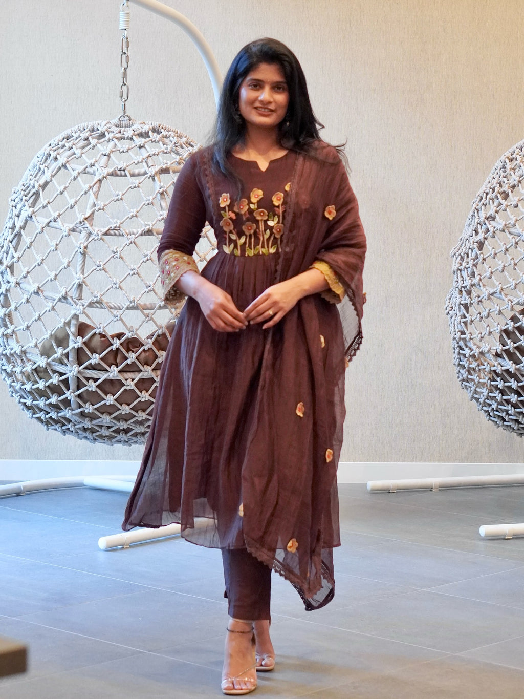 Brown Embroidered Kurta Set