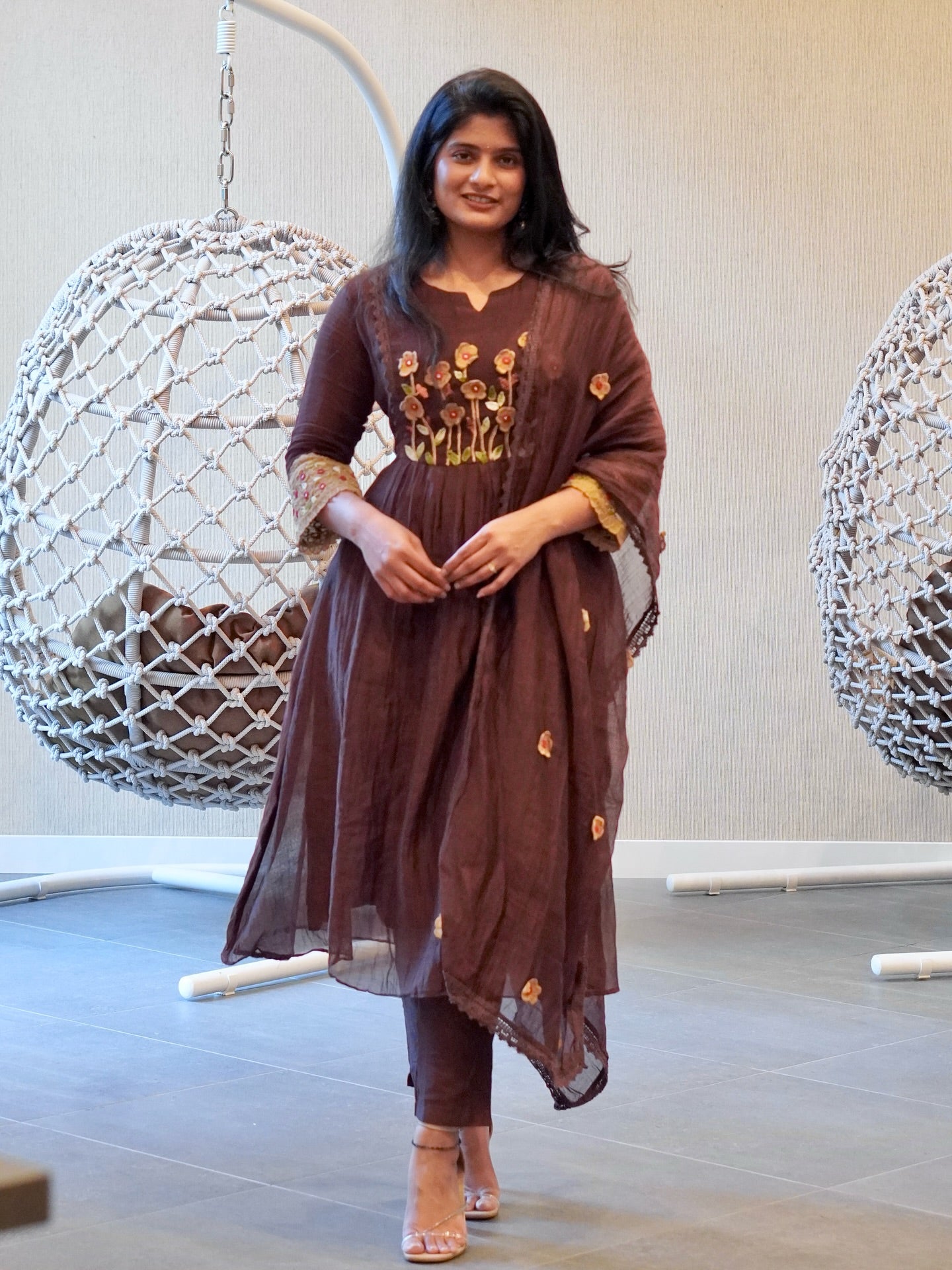 Brown Embroidered Kurta Set
