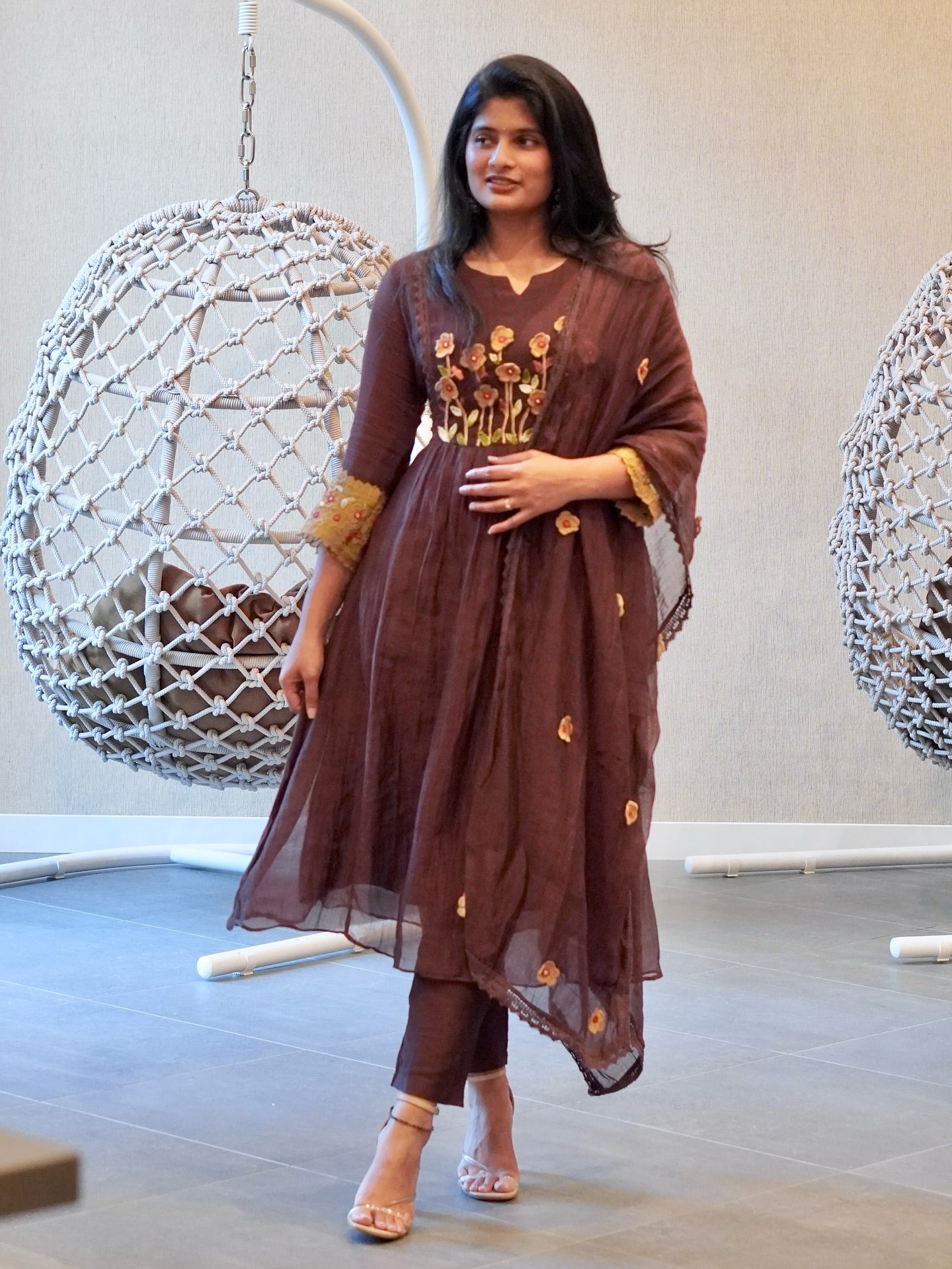 Brown Embroidered Kurta Set
