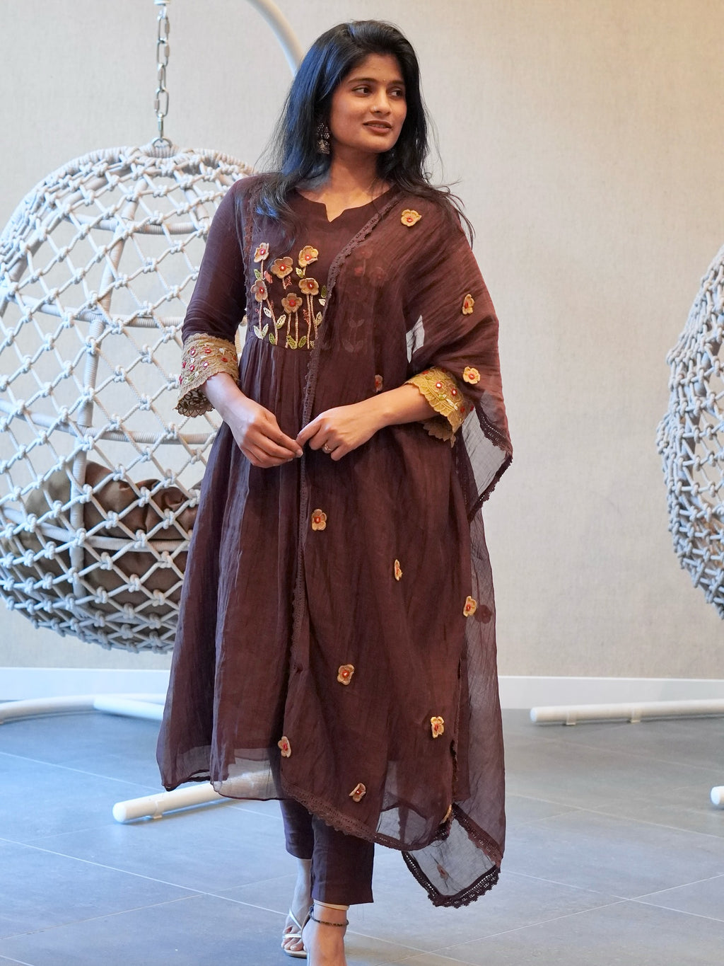 Brown Embroidered Kurta Set