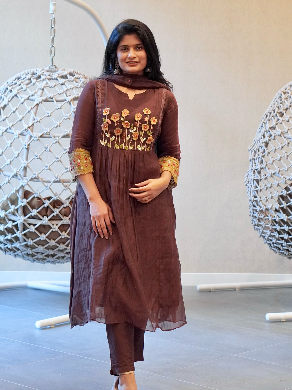 Brown Embroidered Kurta Set