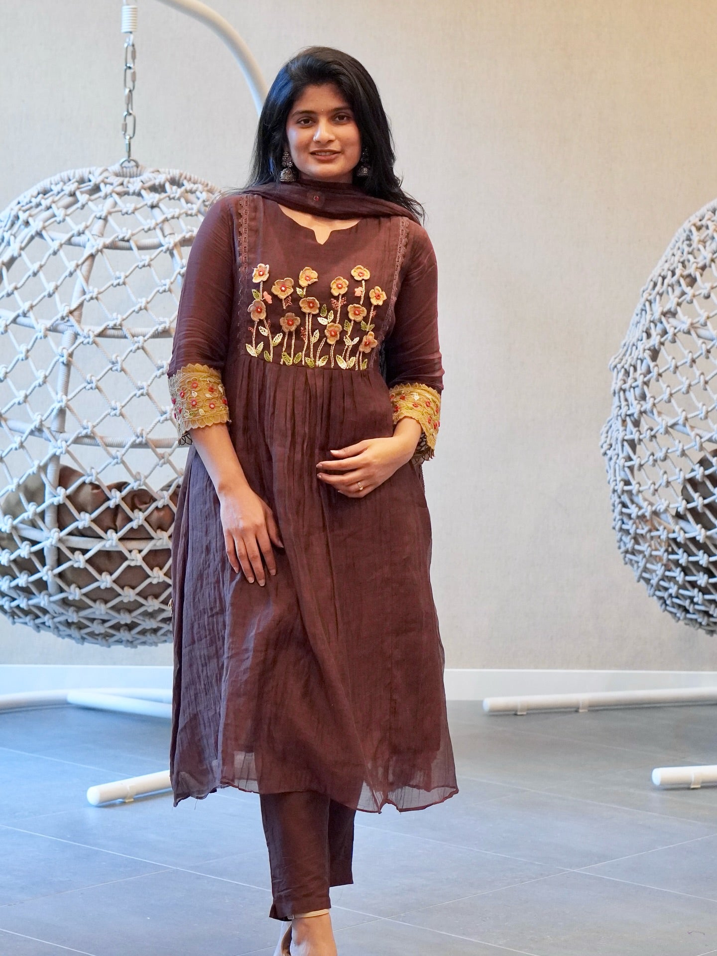 Brown Embroidered Kurta Set