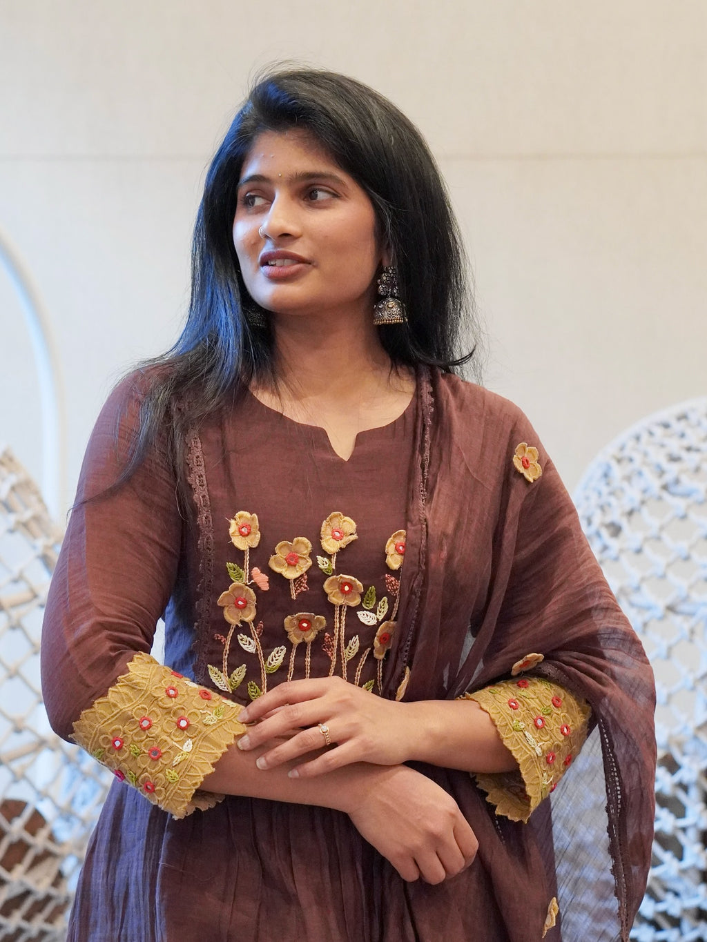 Brown Embroidered Kurta Set