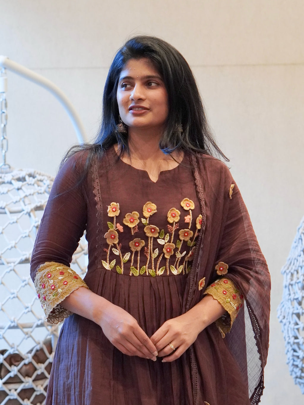 Brown Embroidered Kurta Set