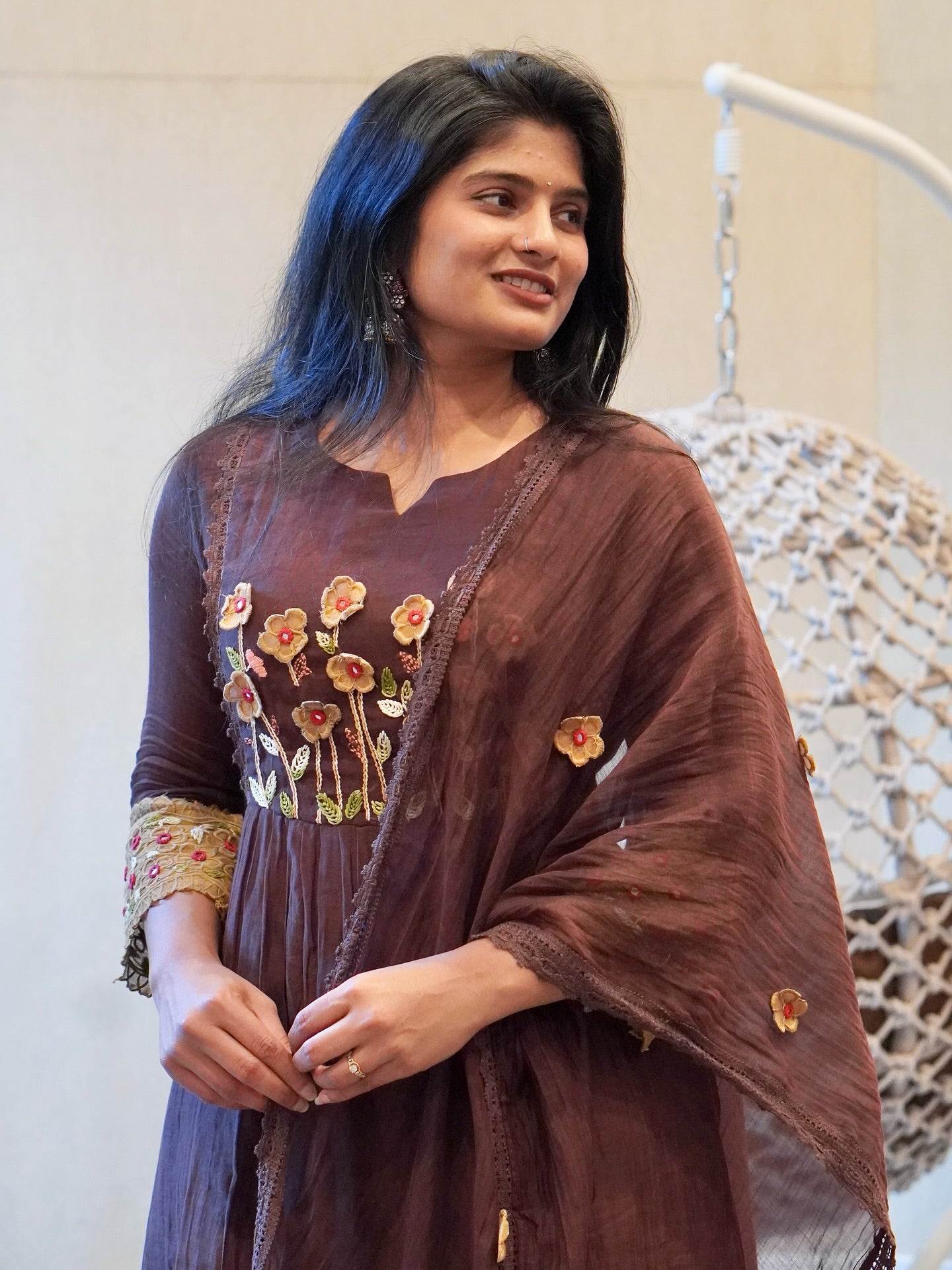 Brown Embroidered Kurta Set