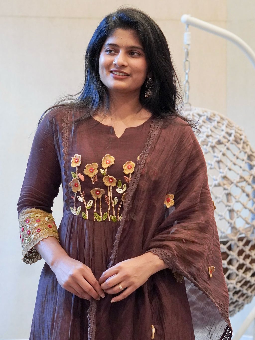 Brown Embroidered Kurta Set