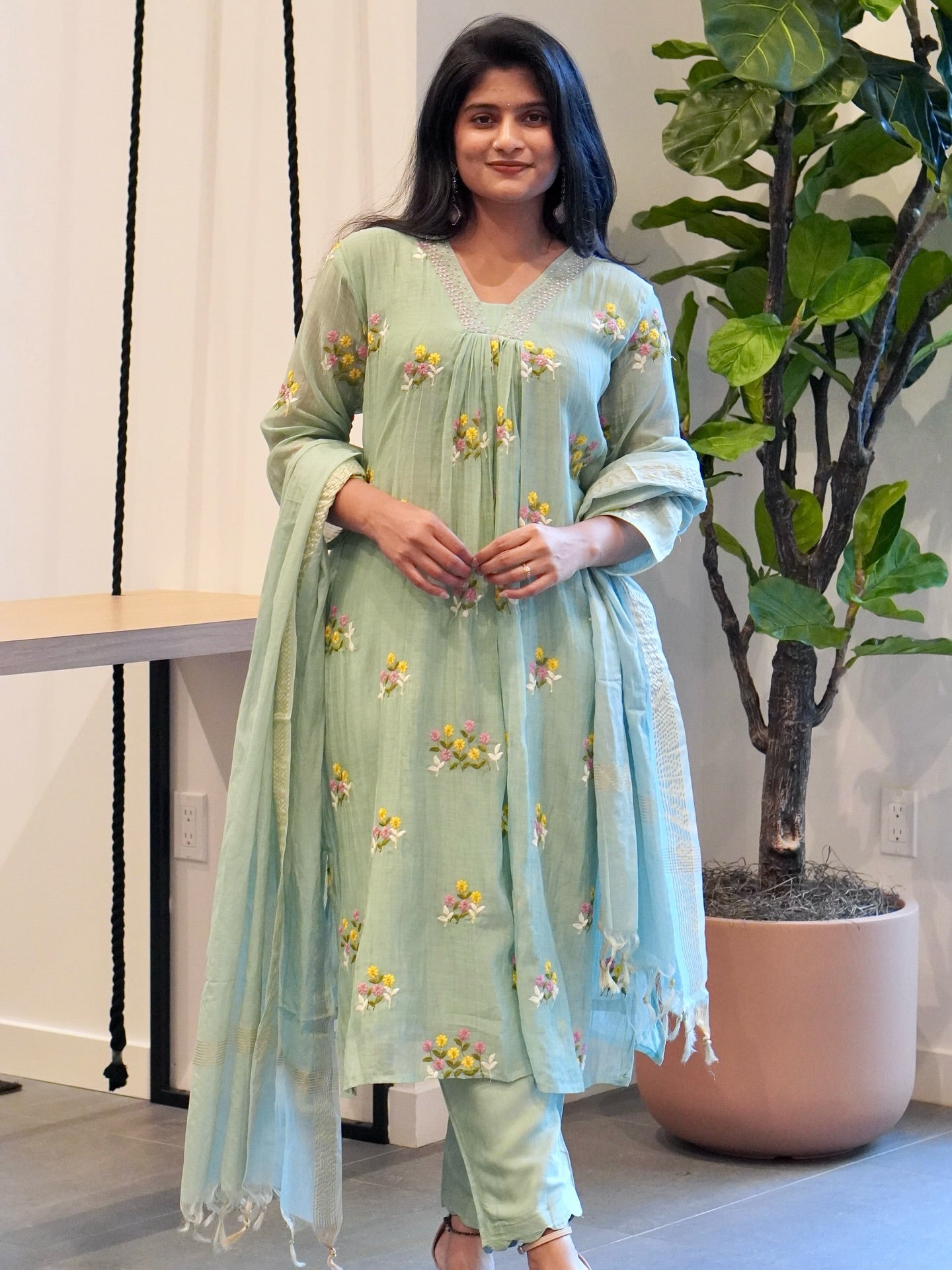 Seafoam Green Mul Chanderi set