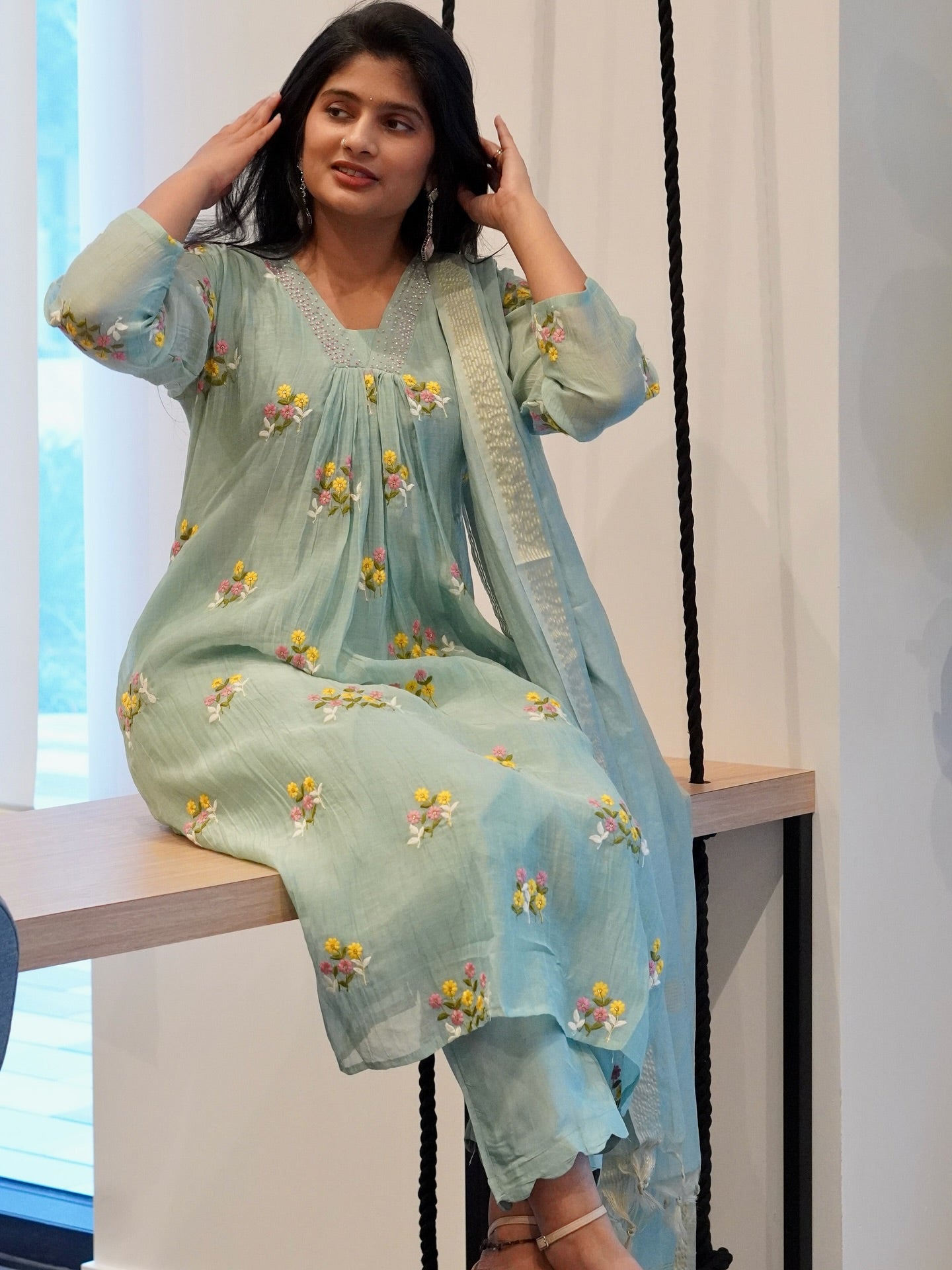 Seafoam Green Mul Chanderi set