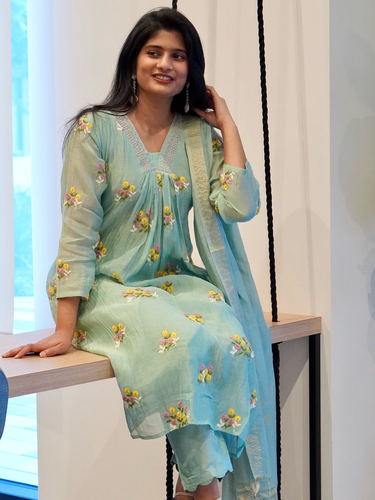 Seafoam Green Mul Chanderi set