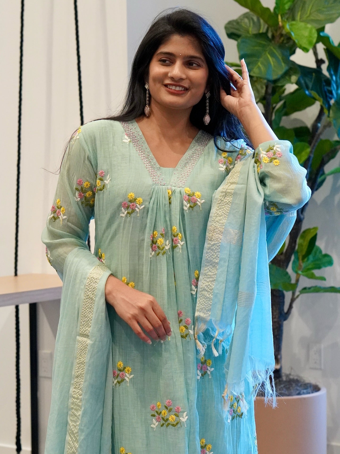 Seafoam Green Mul Chanderi set