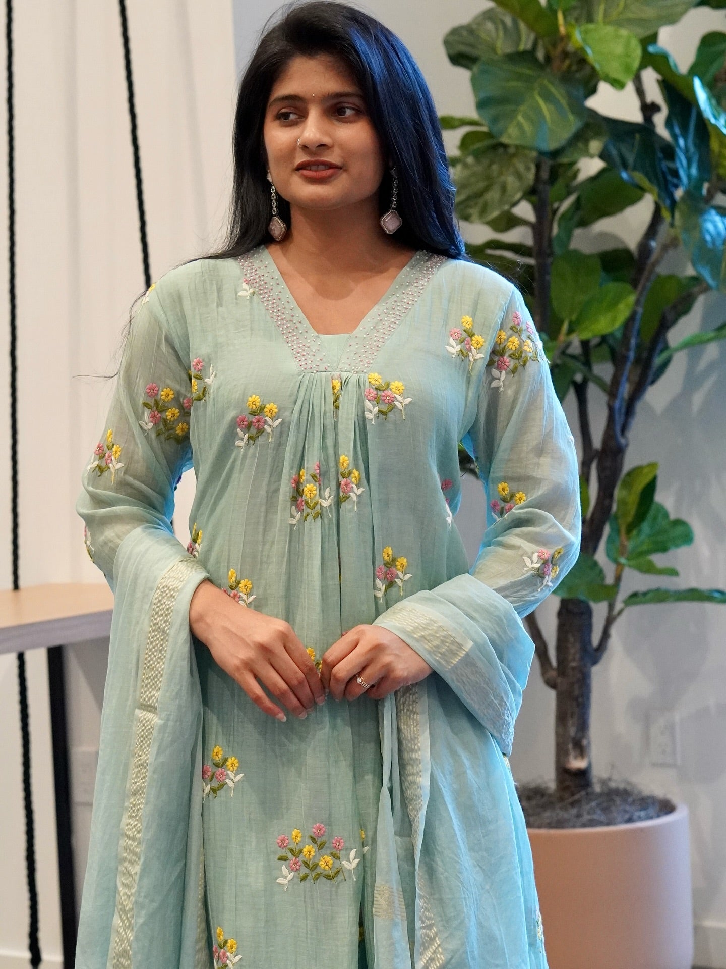 Seafoam Green Mul Chanderi set