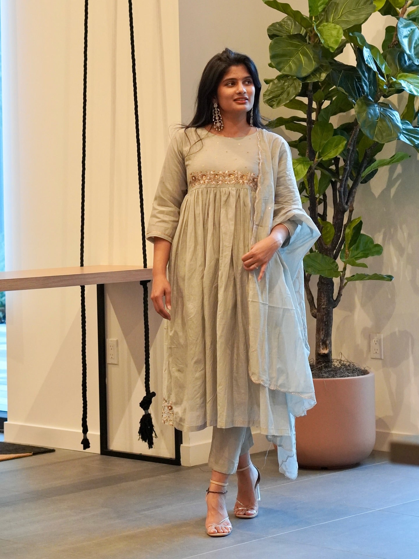 Frost Grey and Onion Pink Mul Chanderi Set