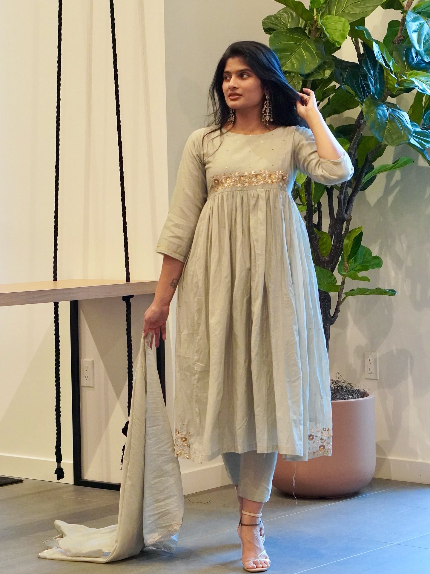 Frost Grey and Onion Pink Mul Chanderi Set