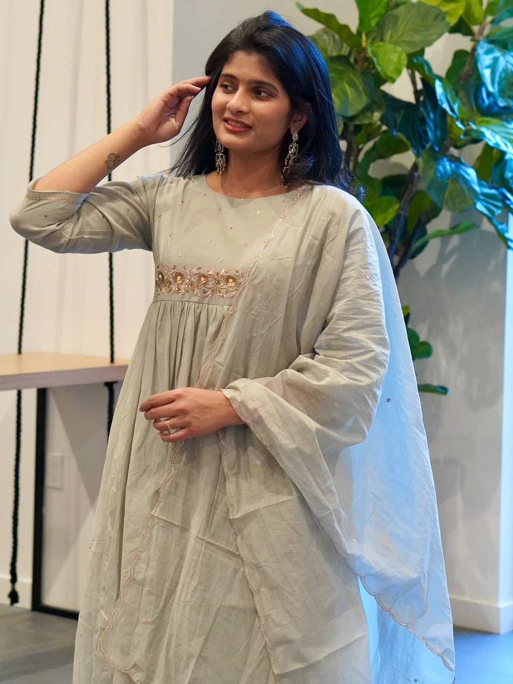 Frost Grey and Onion Pink Mul Chanderi Set