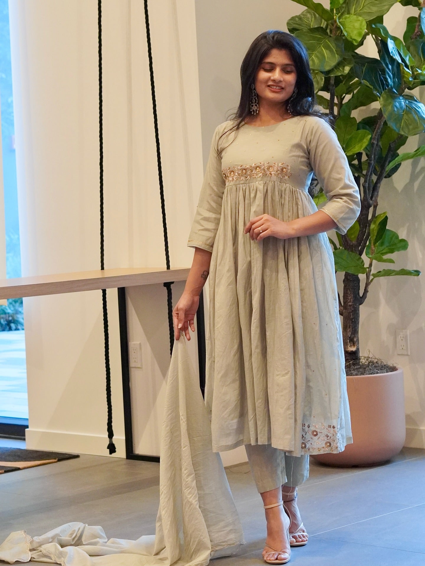 Frost Grey and Onion Pink Mul Chanderi Set