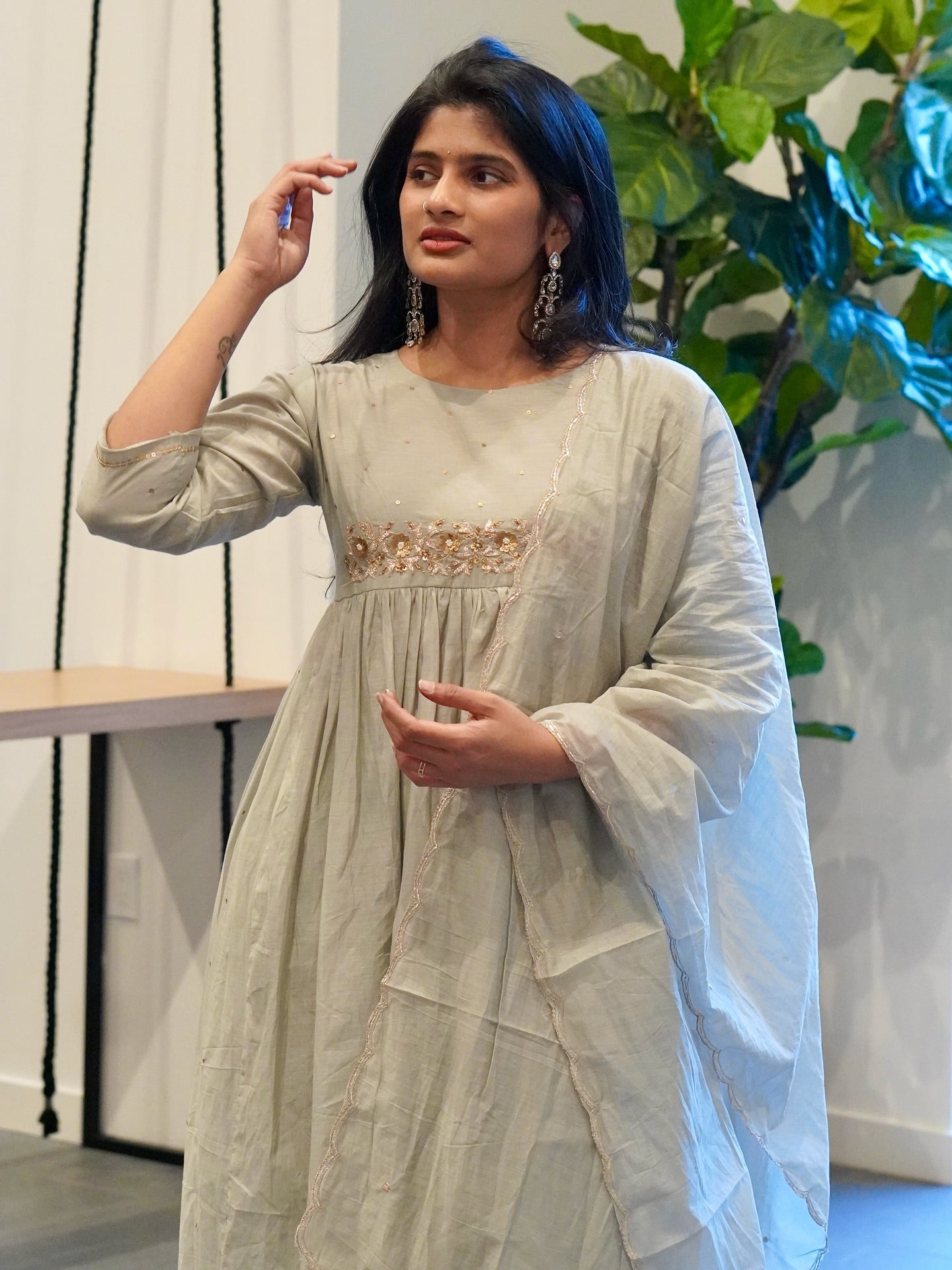 Frost Grey and Onion Pink Mul Chanderi Set