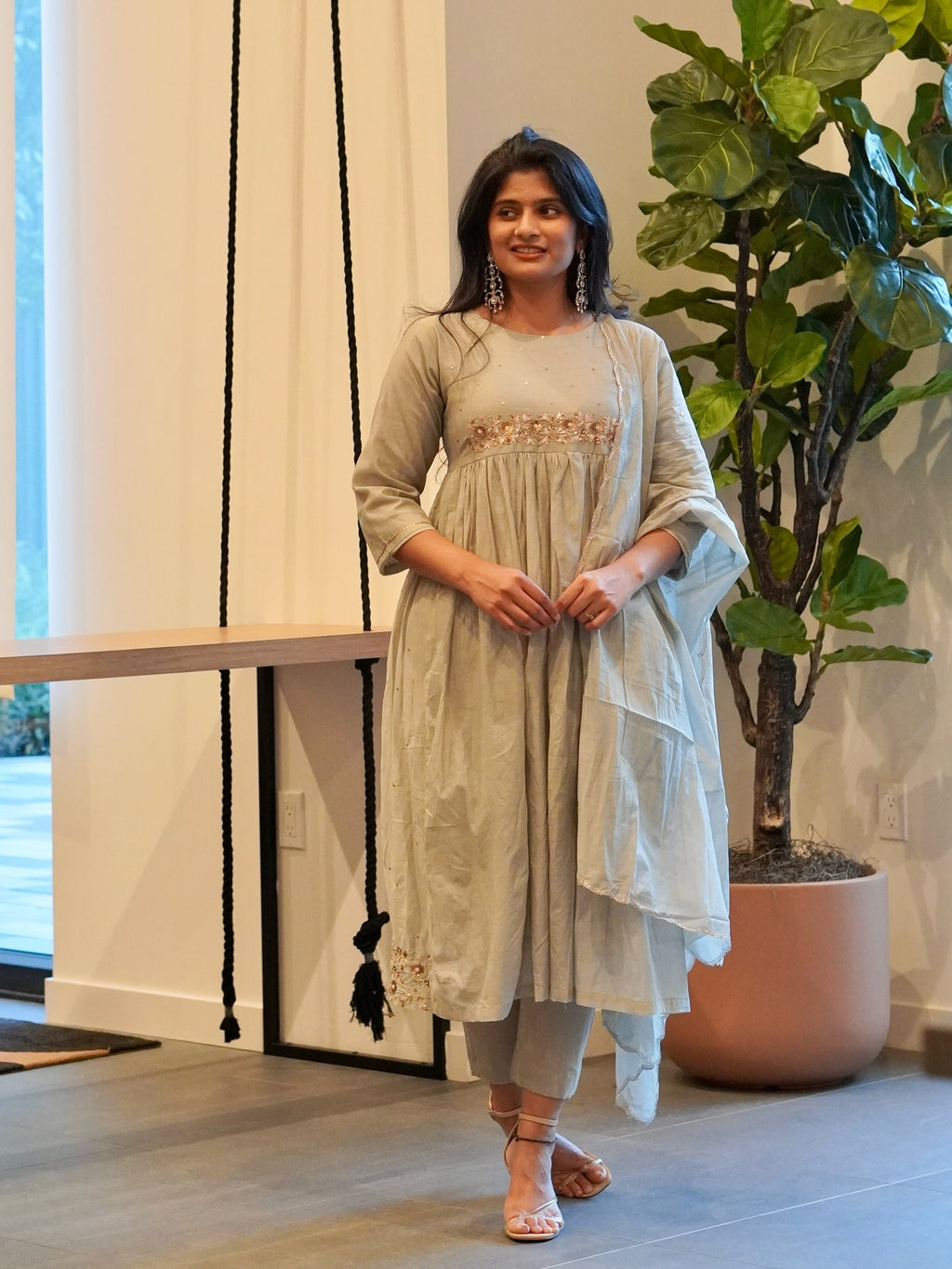 Frost Grey and Onion Pink Mul Chanderi Set