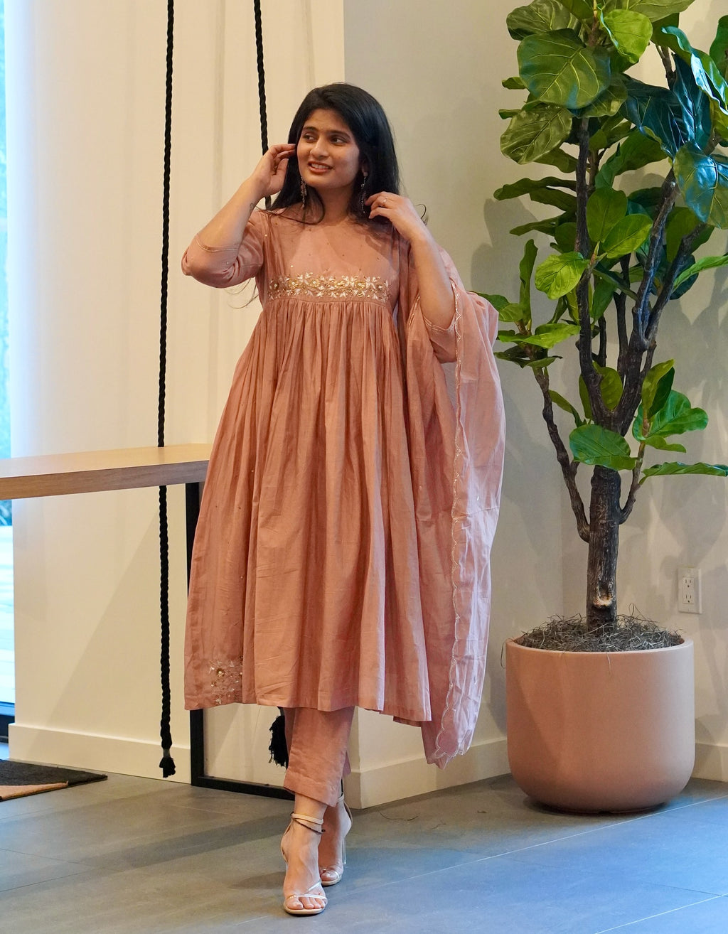 Frost Grey and Onion Pink Mul Chanderi Set