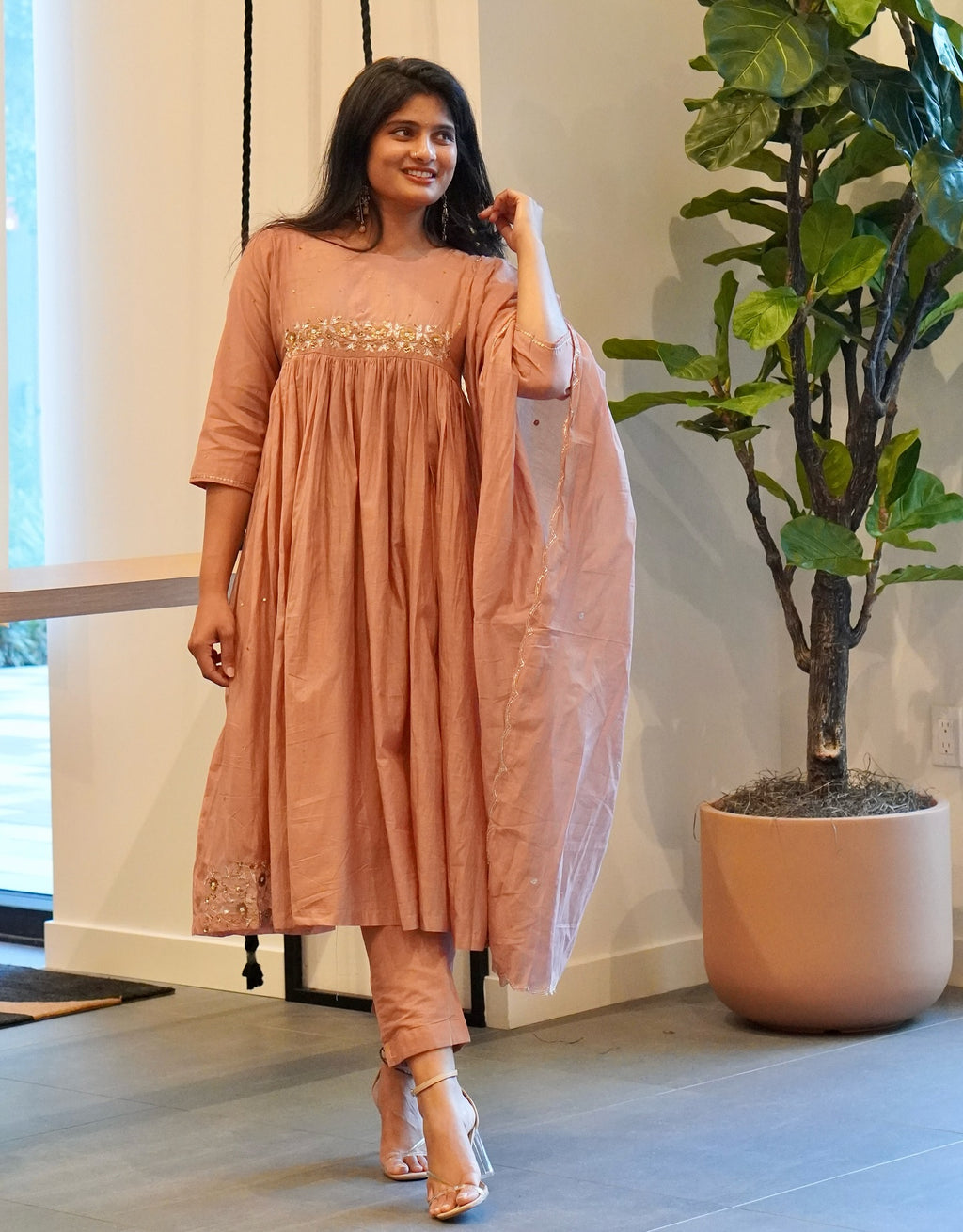 Frost Grey and Onion Pink Mul Chanderi Set