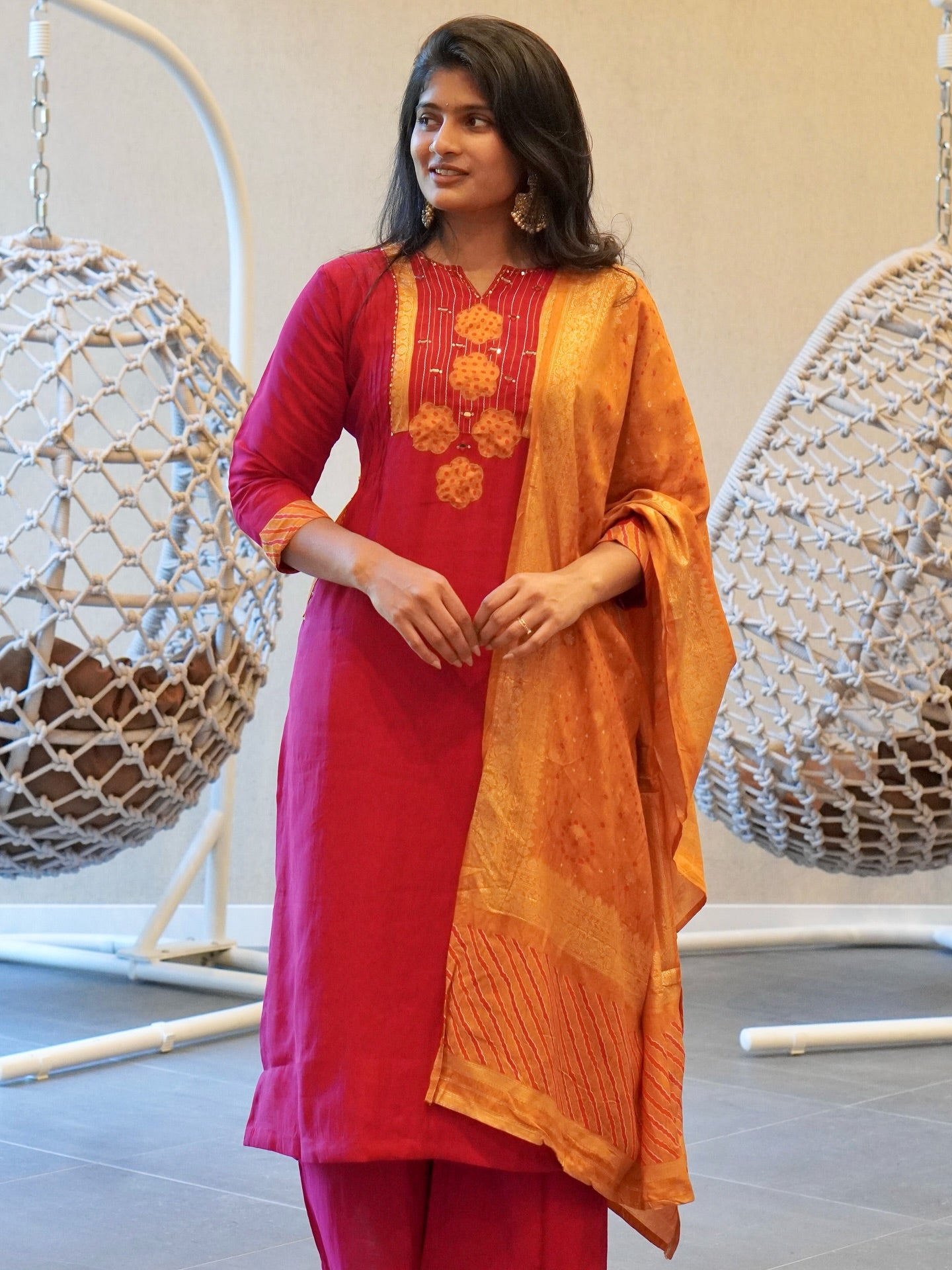 Pink and Mustard Yellow Kurta Set