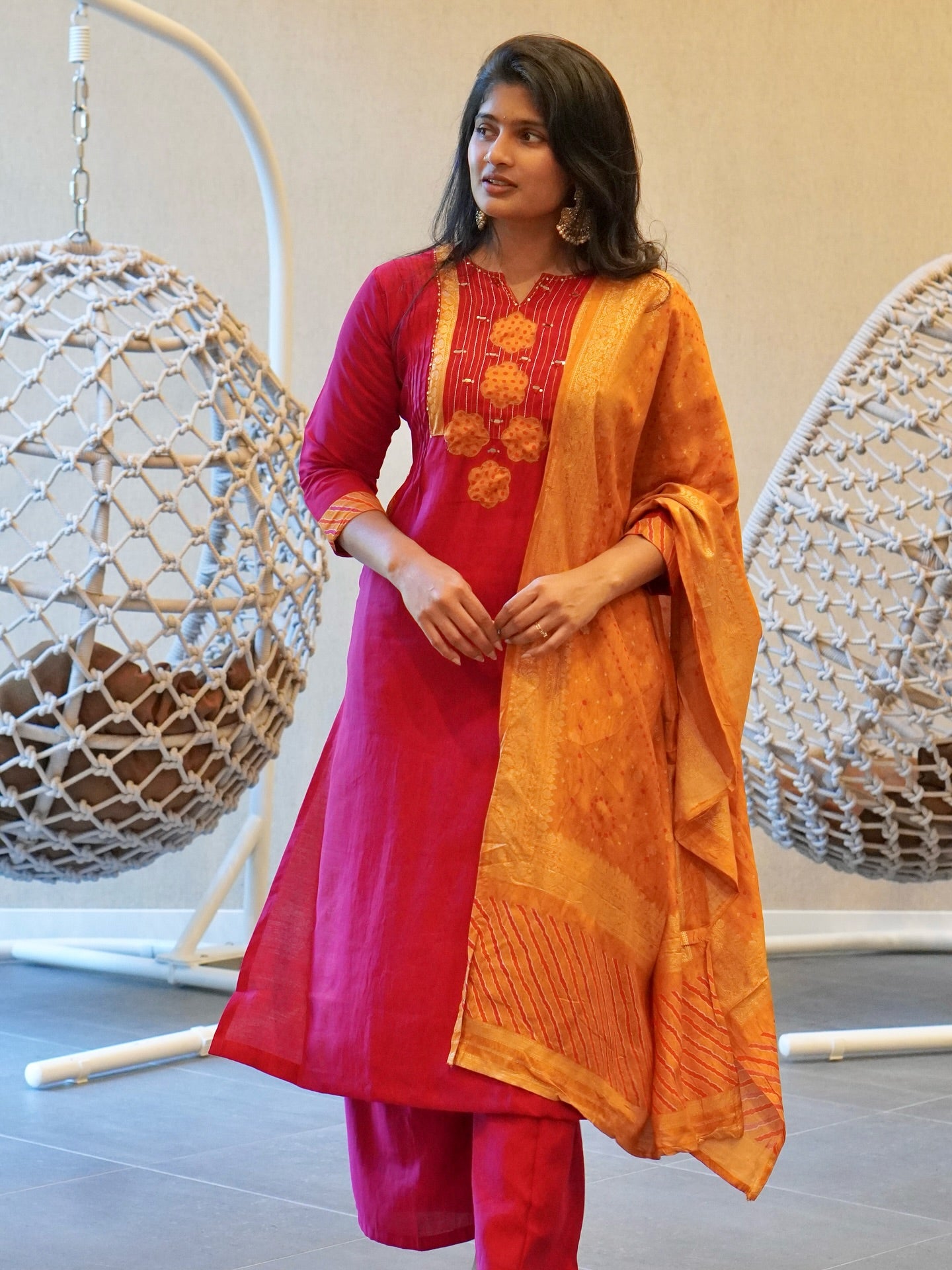 Pink and Mustard Yellow Kurta Set
