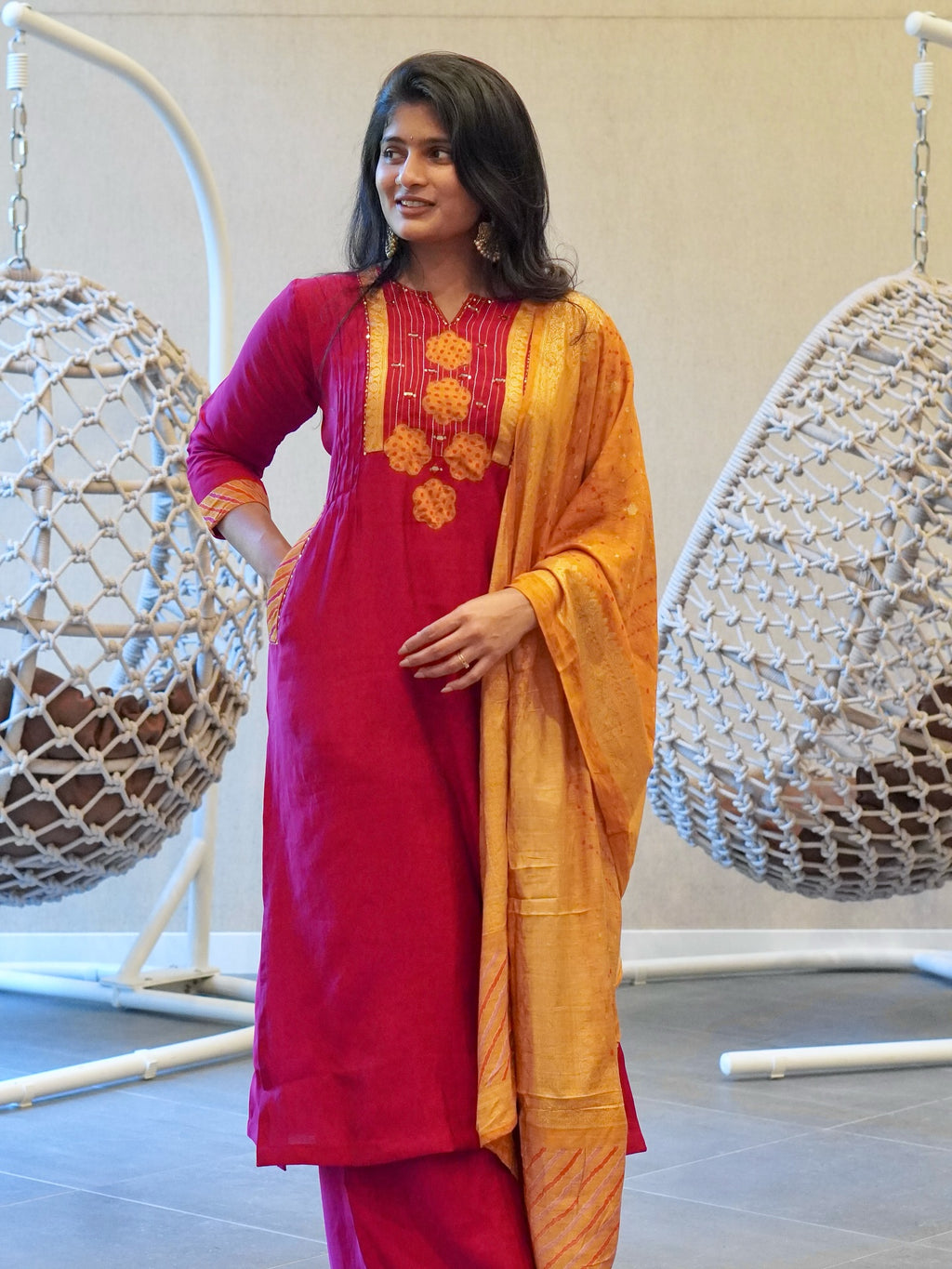 Pink and Mustard Yellow Kurta Set