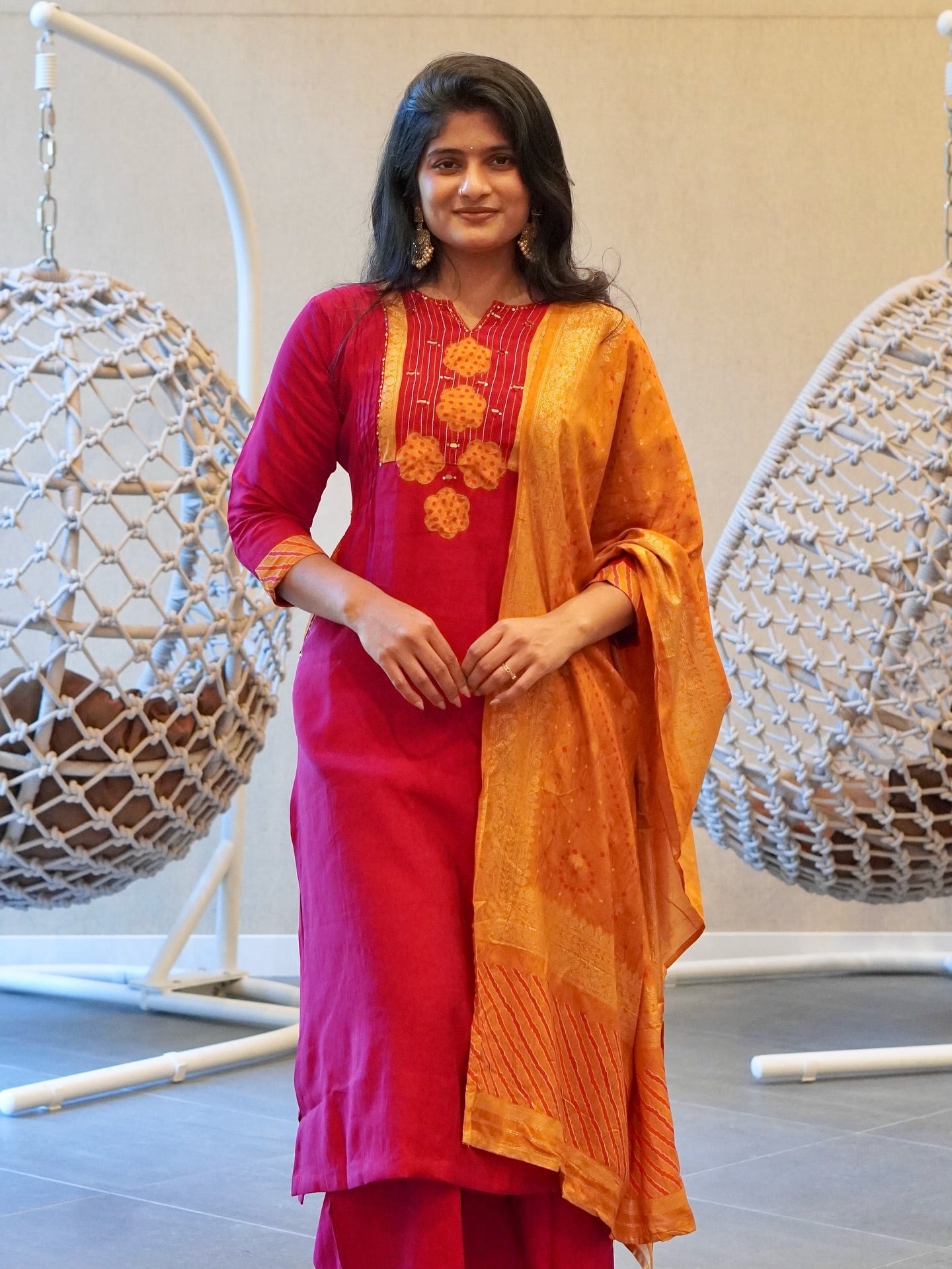 Pink and Mustard Yellow Kurta Set