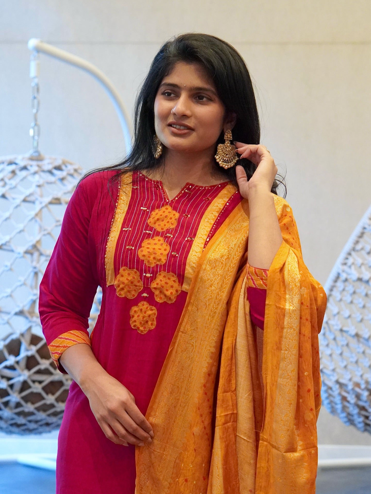 Pink and Mustard Yellow Kurta Set