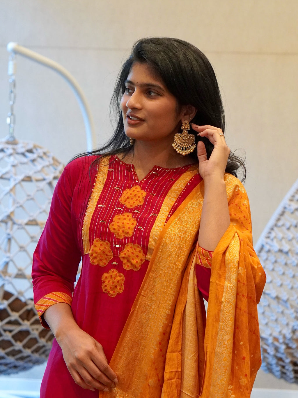 Pink and Mustard Yellow Kurta Set