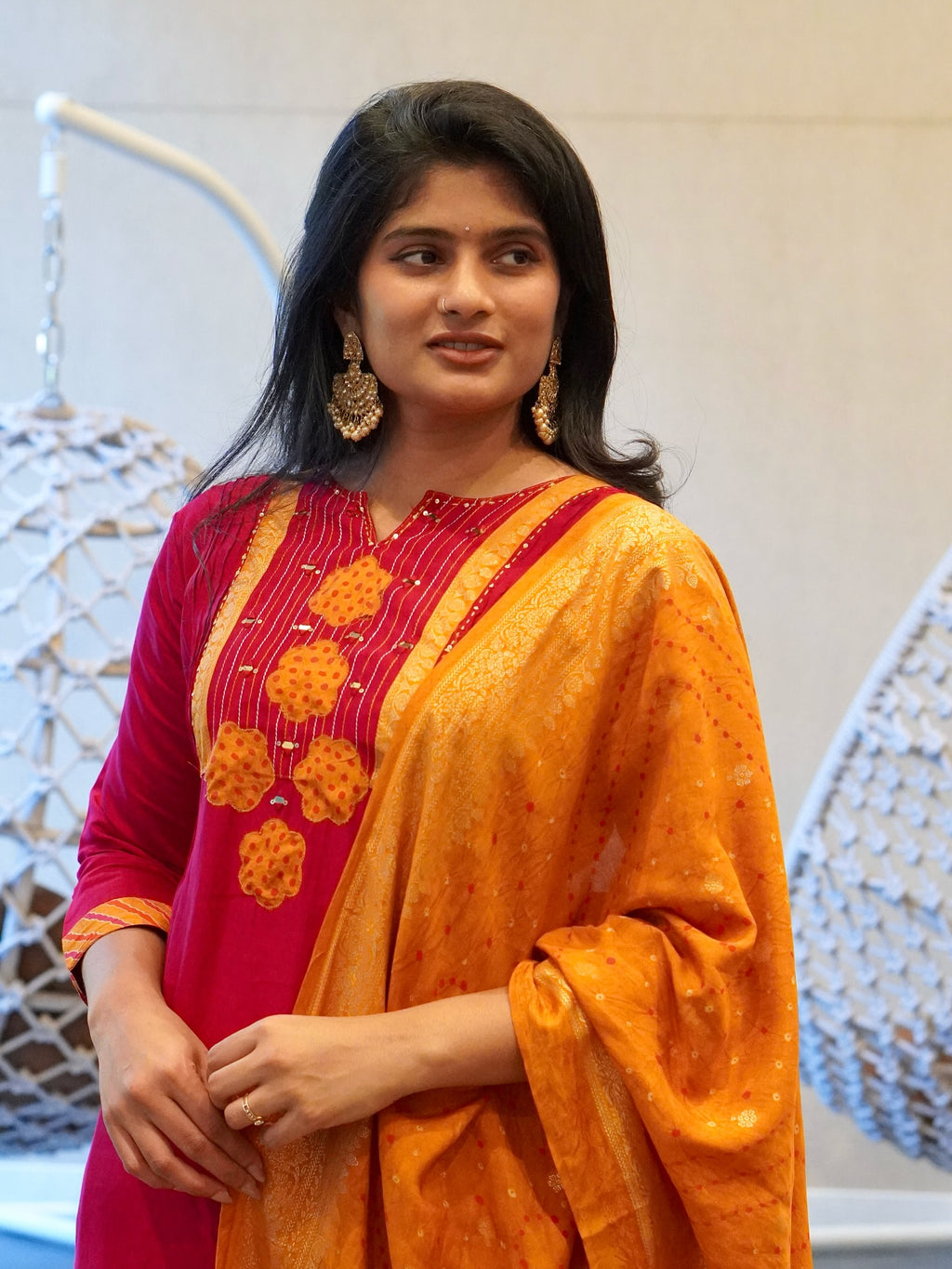 Pink and Mustard Yellow Kurta Set