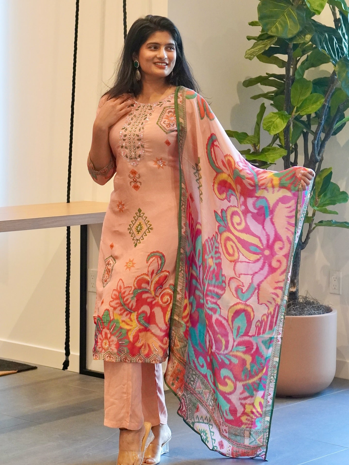 Peach Viscose Kurta Set