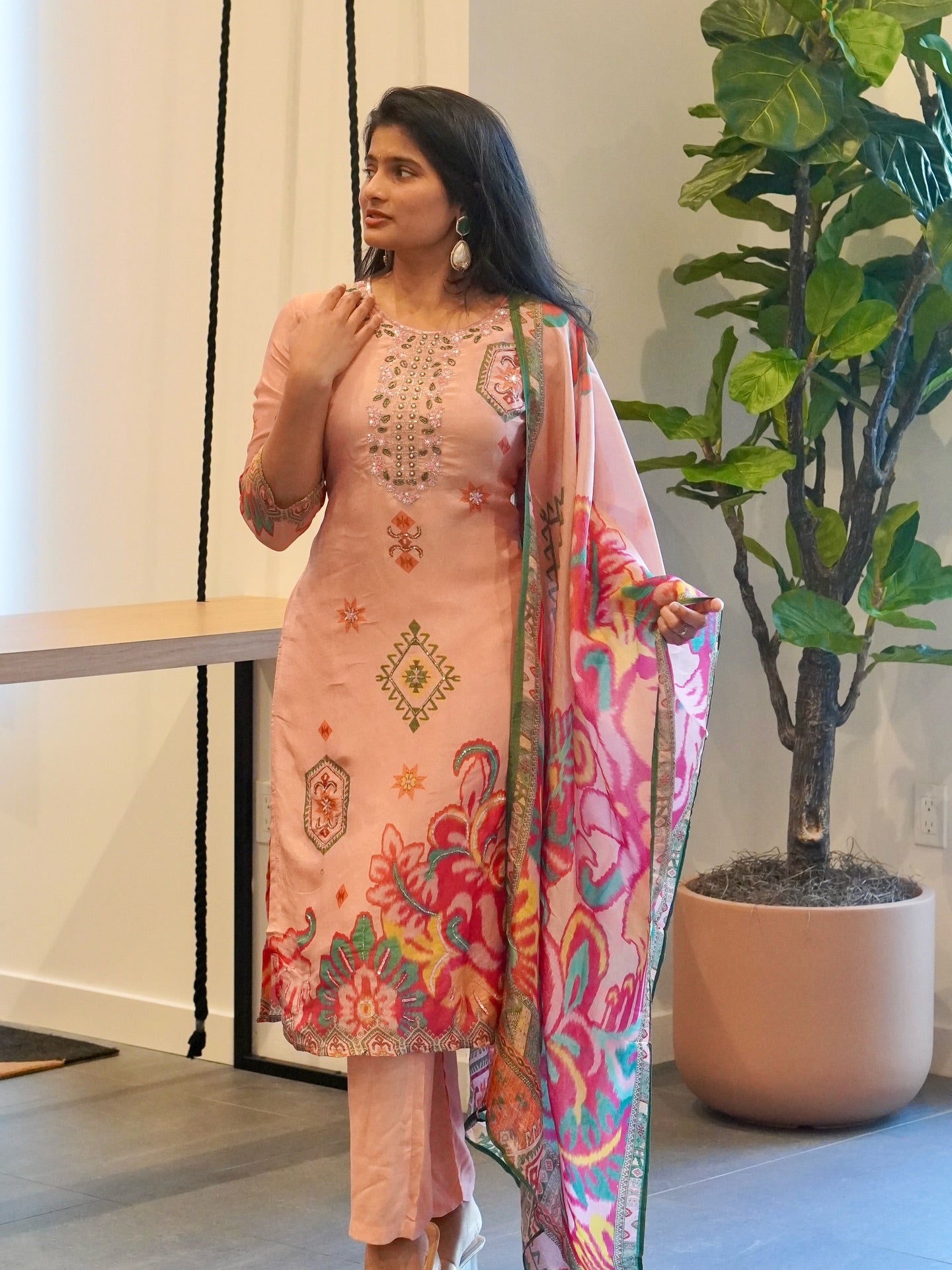 Peach Viscose Kurta Set