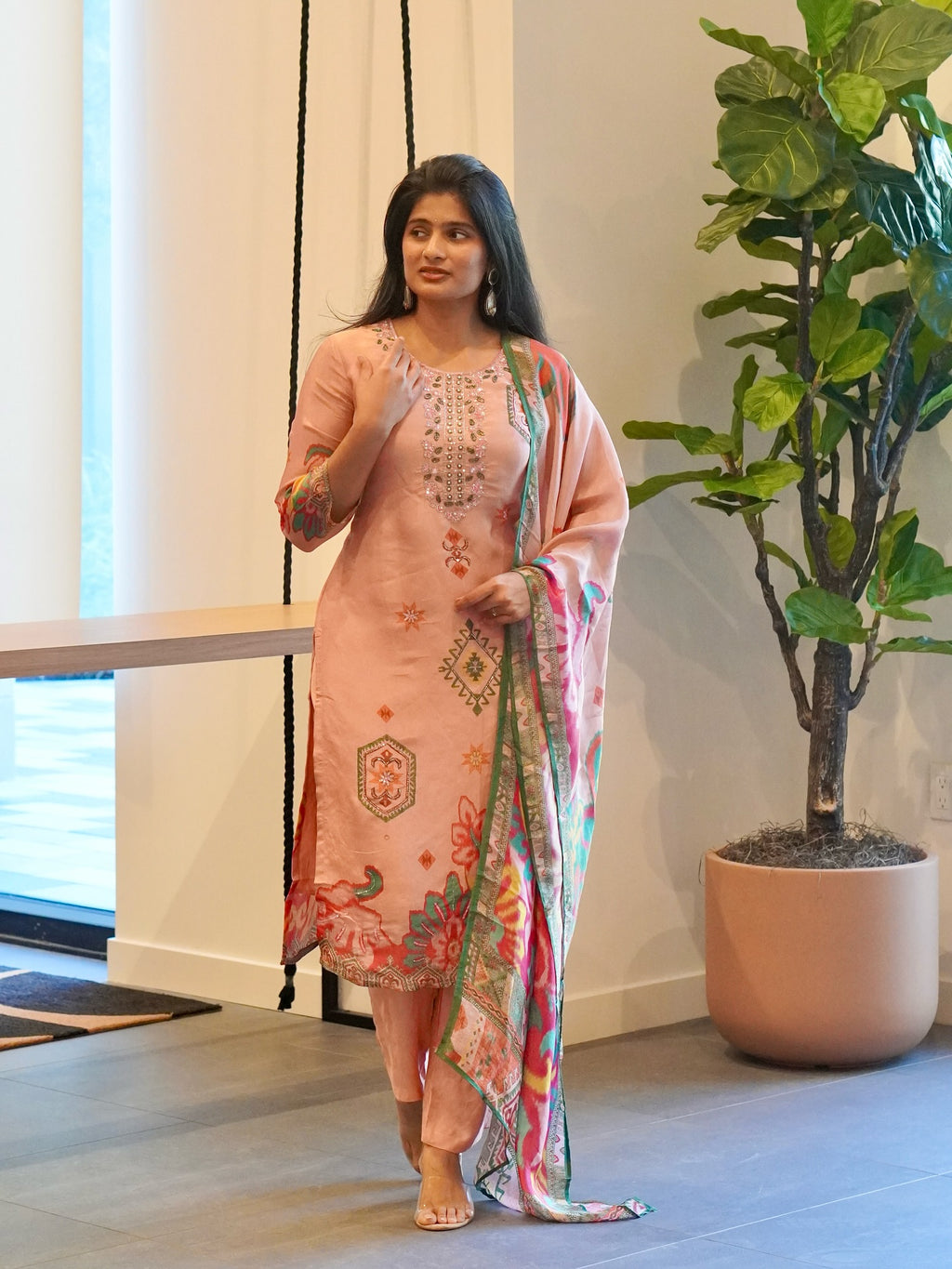 Peach Viscose Kurta Set