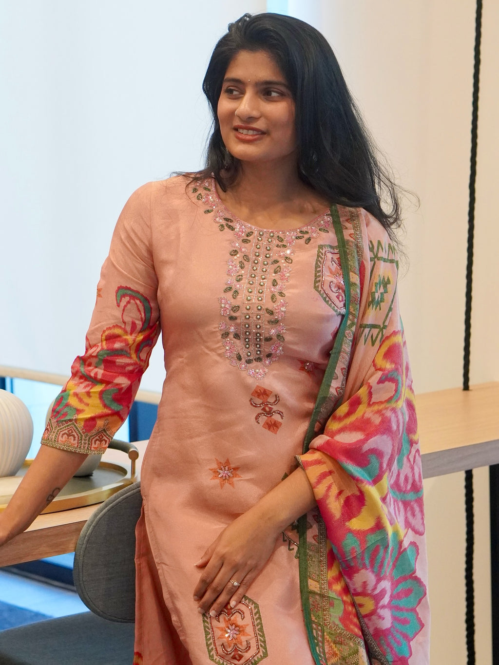 Peach Viscose Kurta Set
