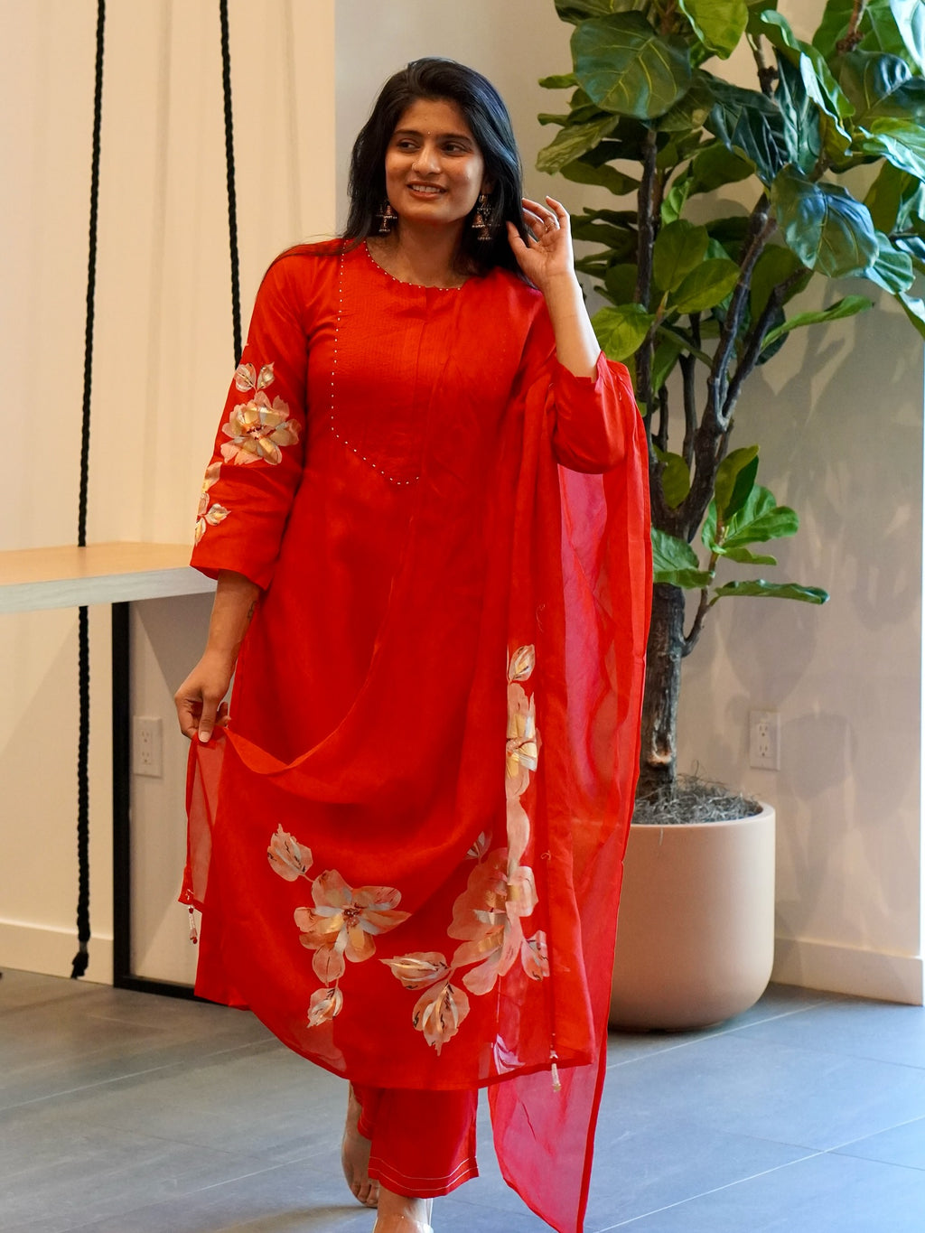 Red Silk Embroidered Kurta Set
