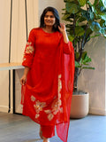 Red Silk Embroidered Kurta Set
