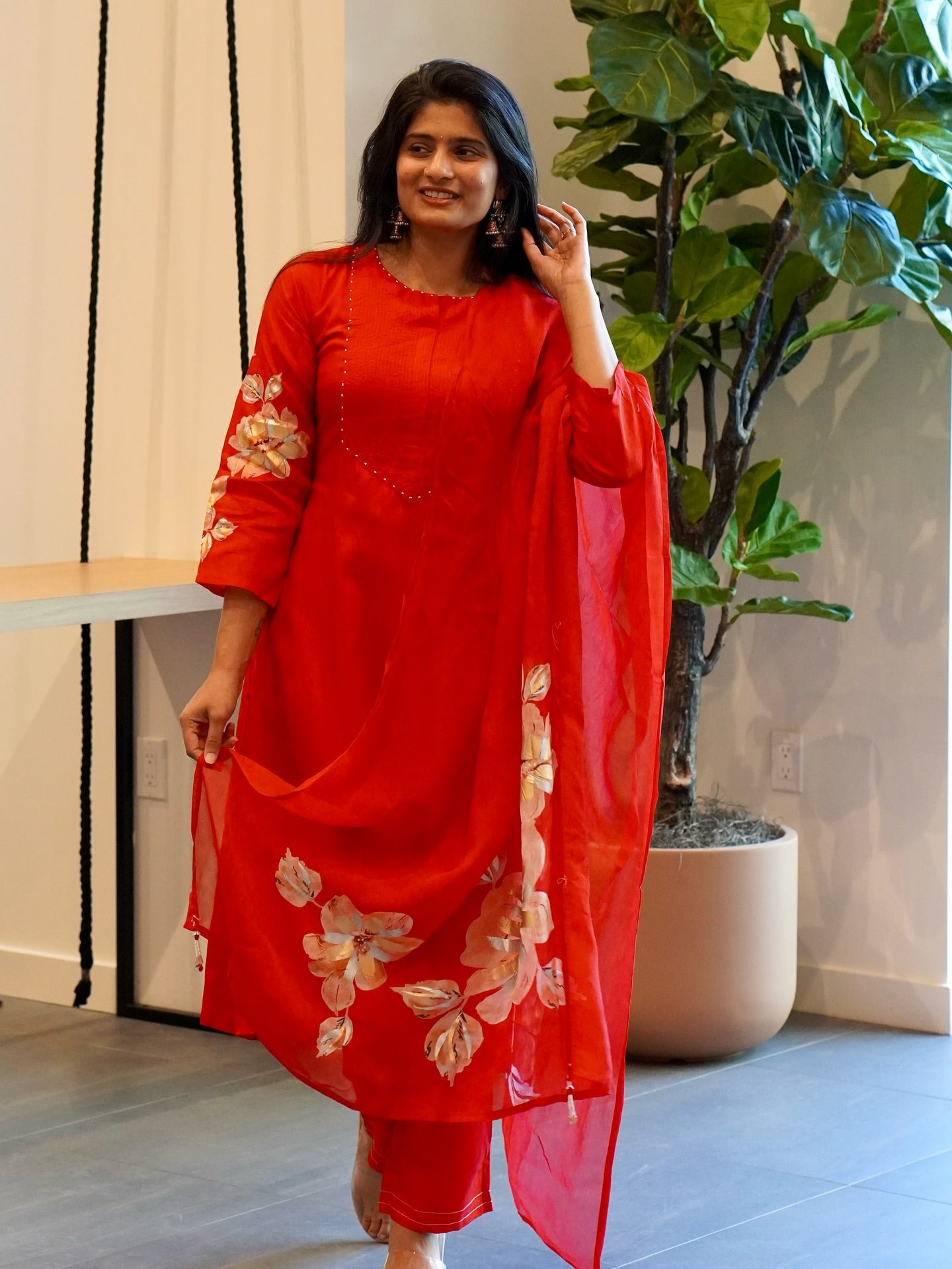 Red Silk Embroidered Kurta Set